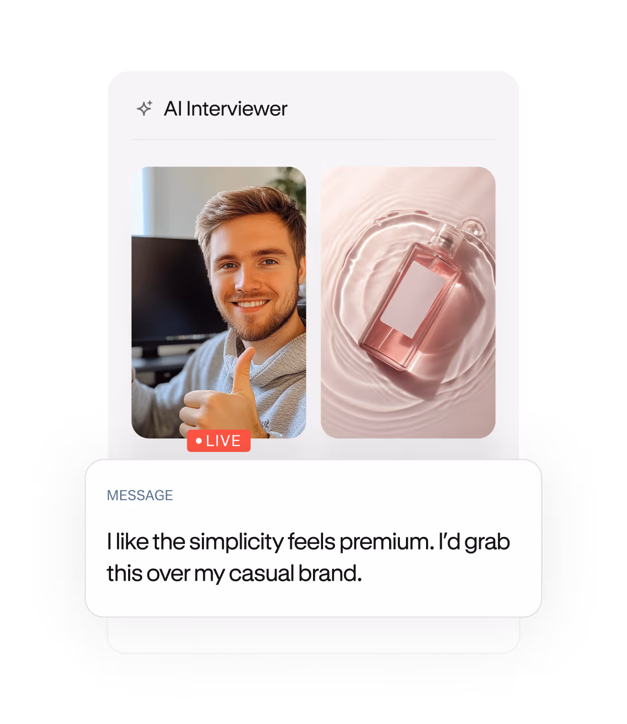 Live video call of smiling man giving thumbs up beside a pink perfume bottle on rippled surface.