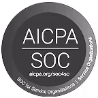 Round badge with text AICPA SOC and URL aicpa.org/soc4so in white on dark background.