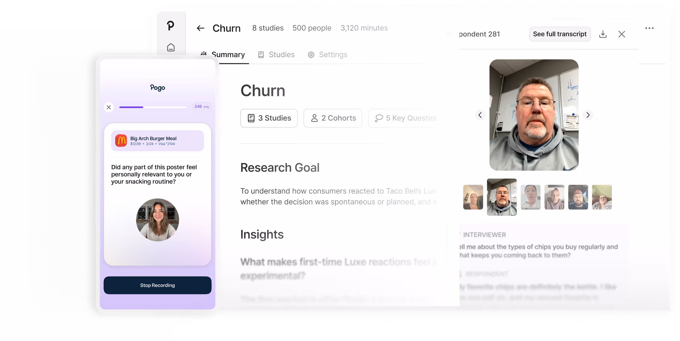 Interface showing a video call with study participants and a survey about a Big Arch Burger Meal.