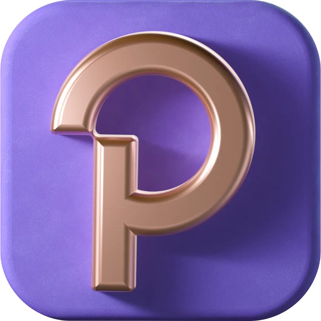 3D bronze letter P on a rounded purple square background with soft shadows.