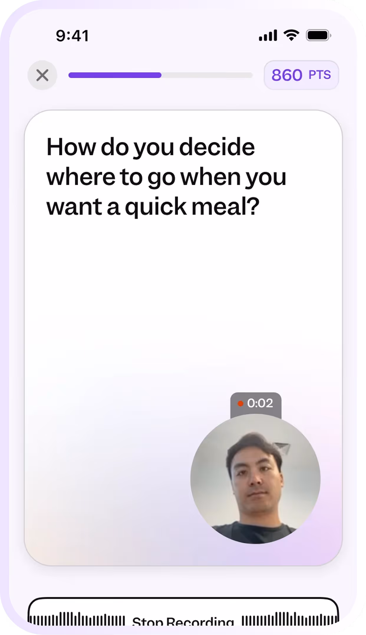 Smartphone screen shows a survey question about choosing a quick meal spot with a video recording of a man.