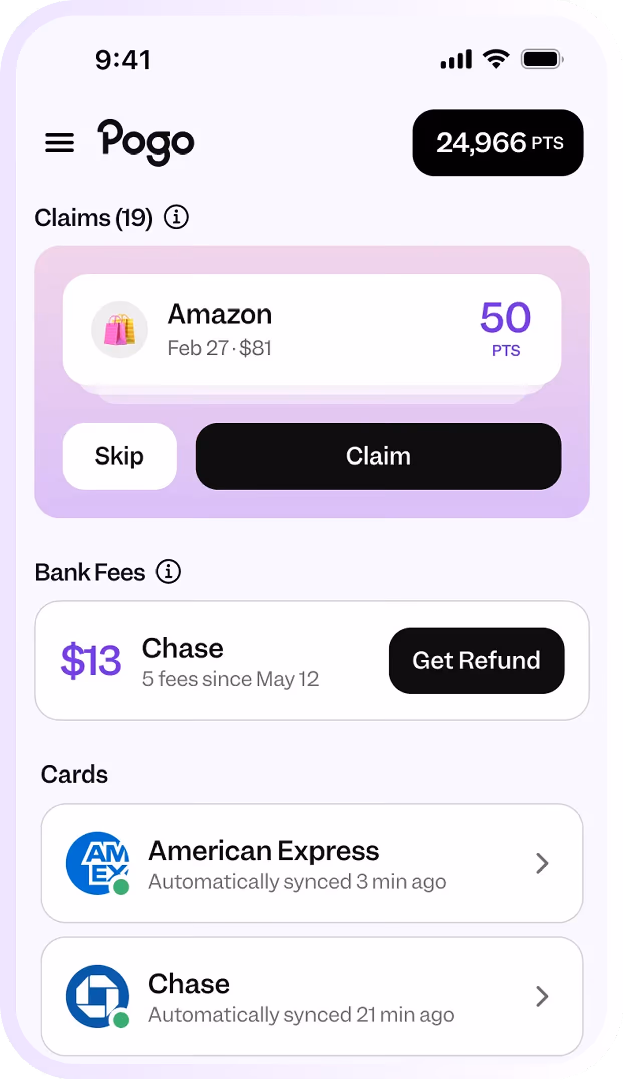Mobile app screen showing 24,966 points, Amazon claim for $81 with 50 points, Chase bank fees refund, and synced cards.