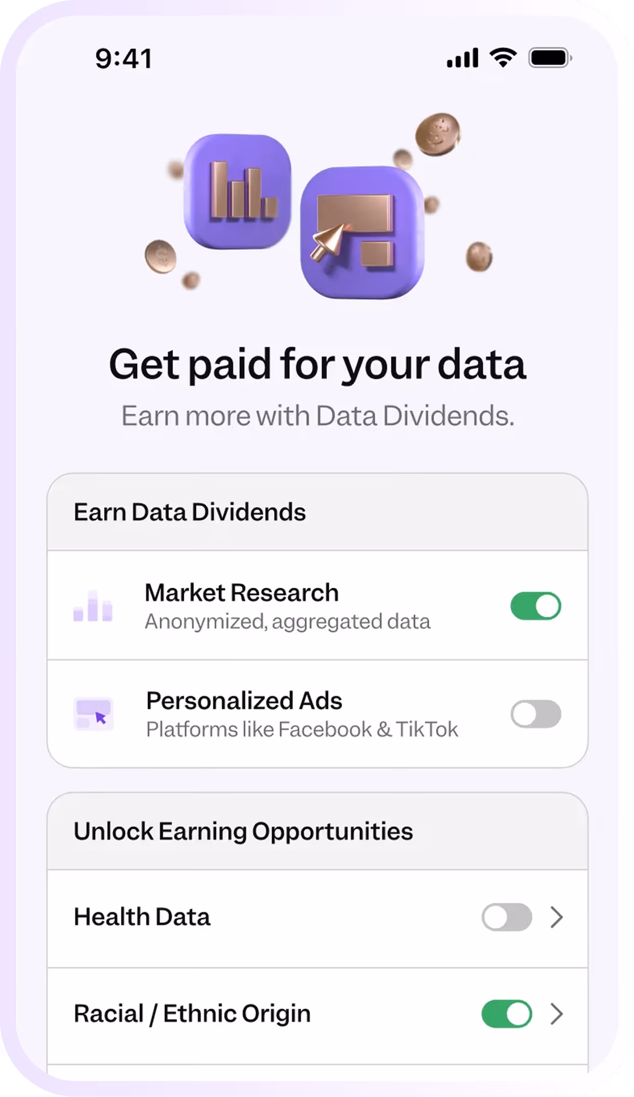 Mobile screen showing options to earn money from anonymized data and control data-sharing settings.