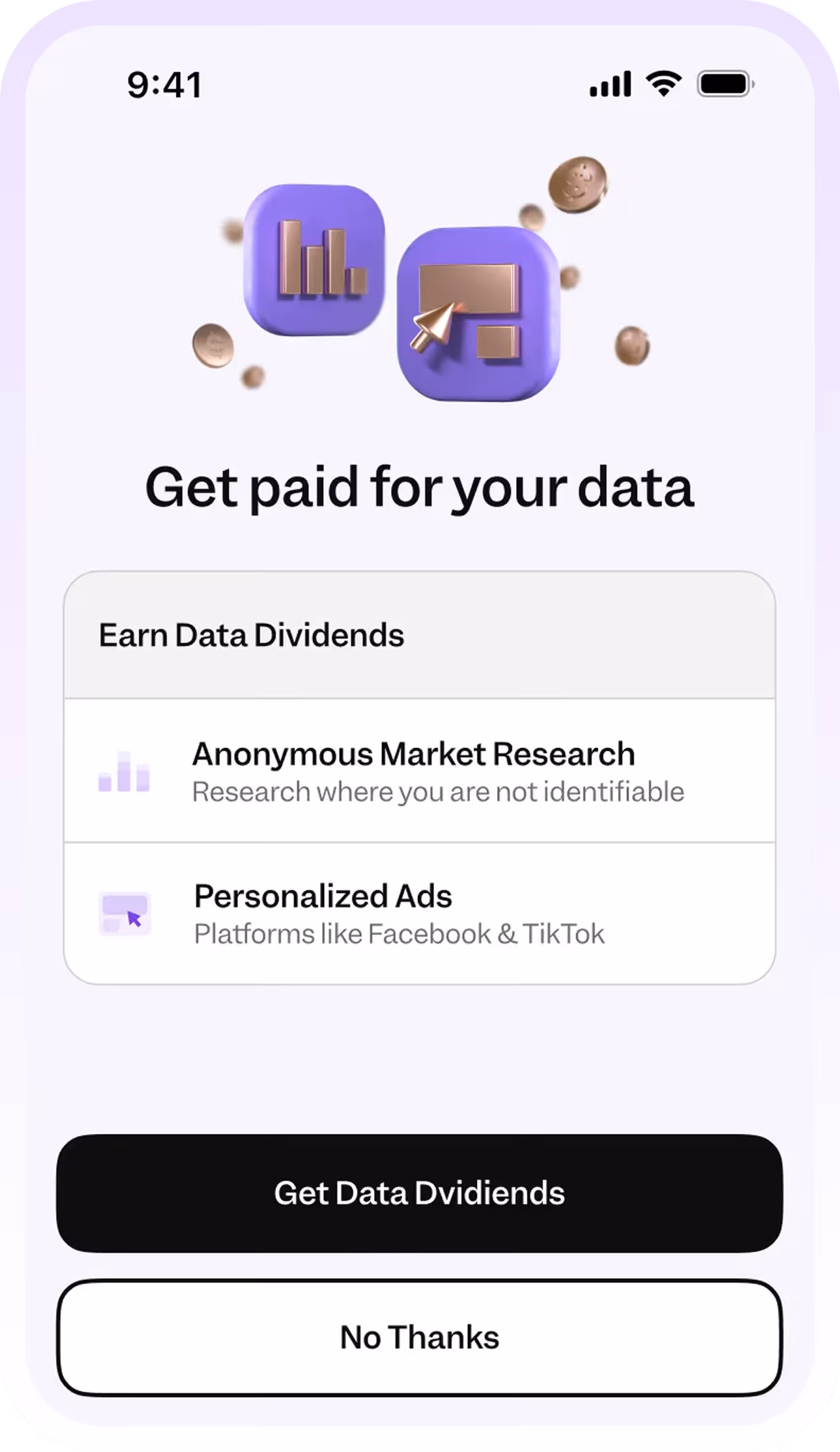 Mobile screen prompting to get paid for data via anonymous market research or personalized ads options.