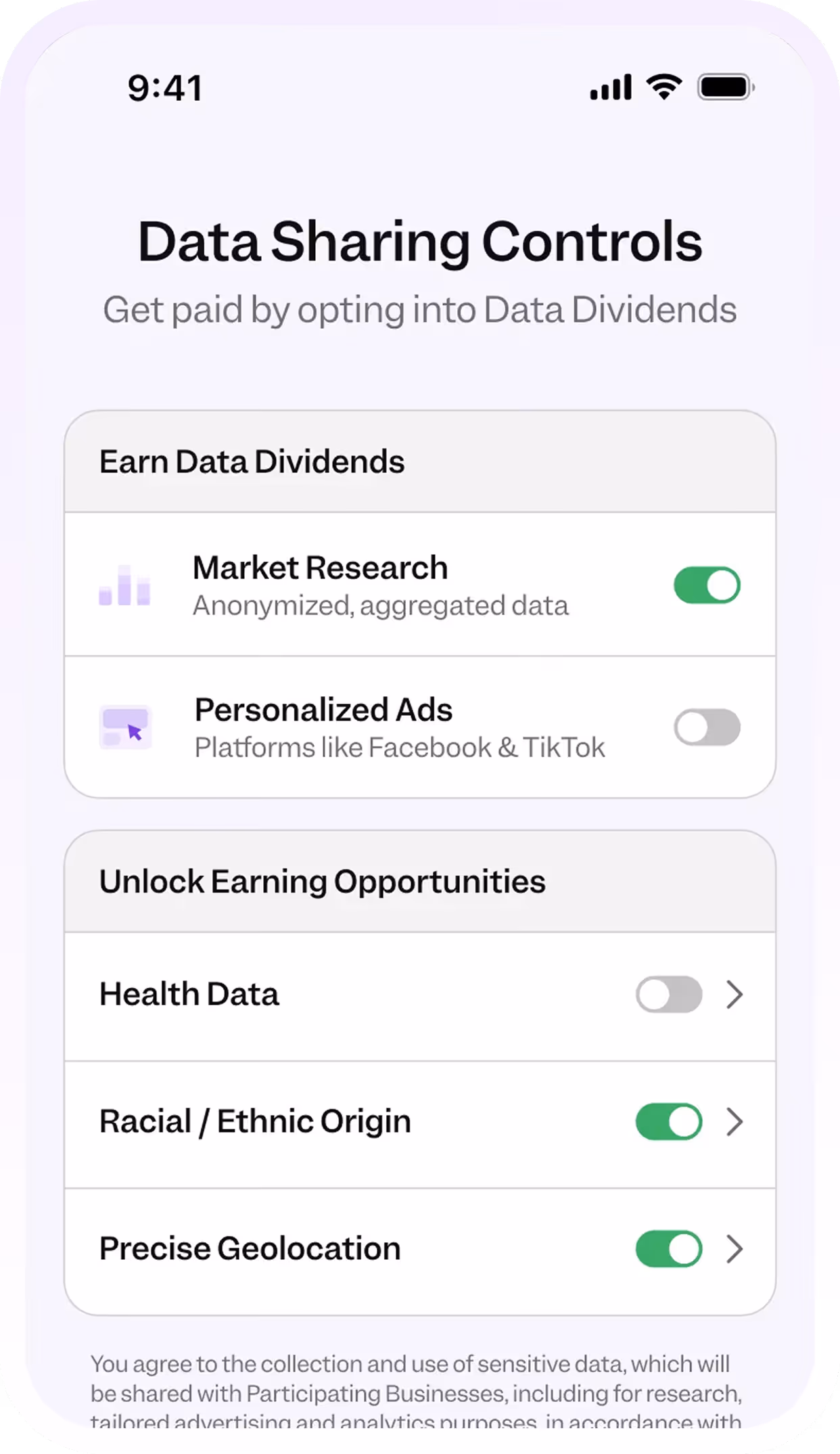 Data Sharing Controls screen with toggles for market research, ads, health data, race, and geolocation.