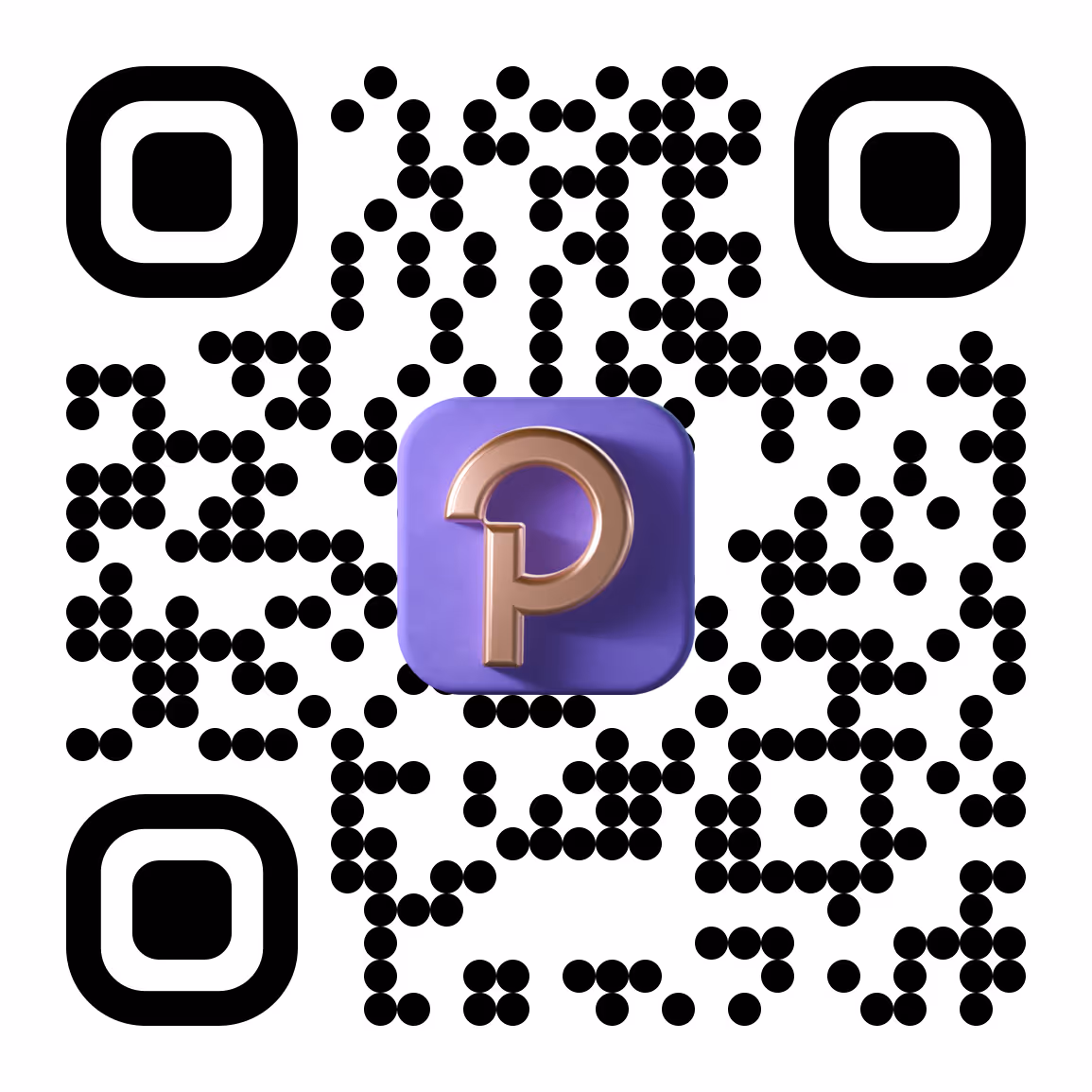 Black and white QR code with a purple square and bronze question mark symbol in the center.
