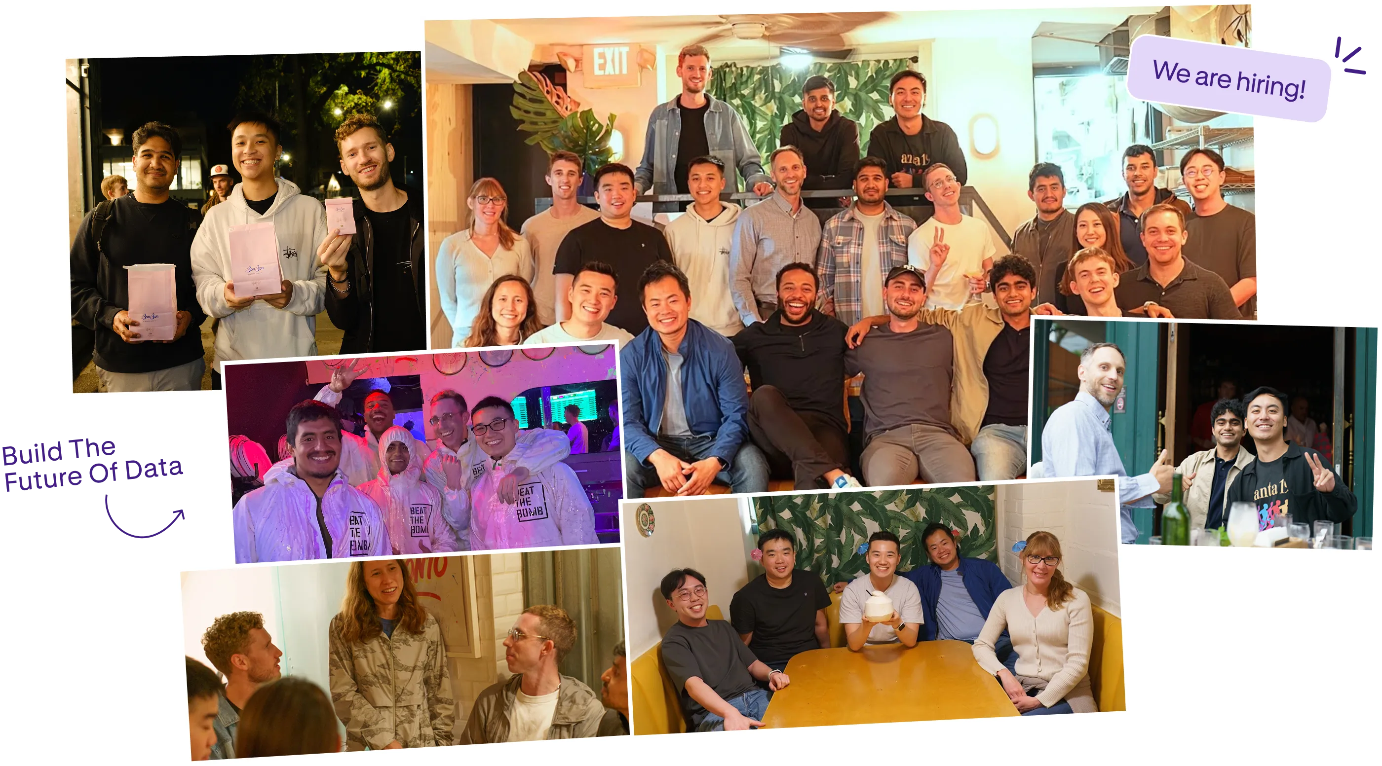 Collage of diverse groups of people smiling indoors and outdoors, with a We are hiring message visible.