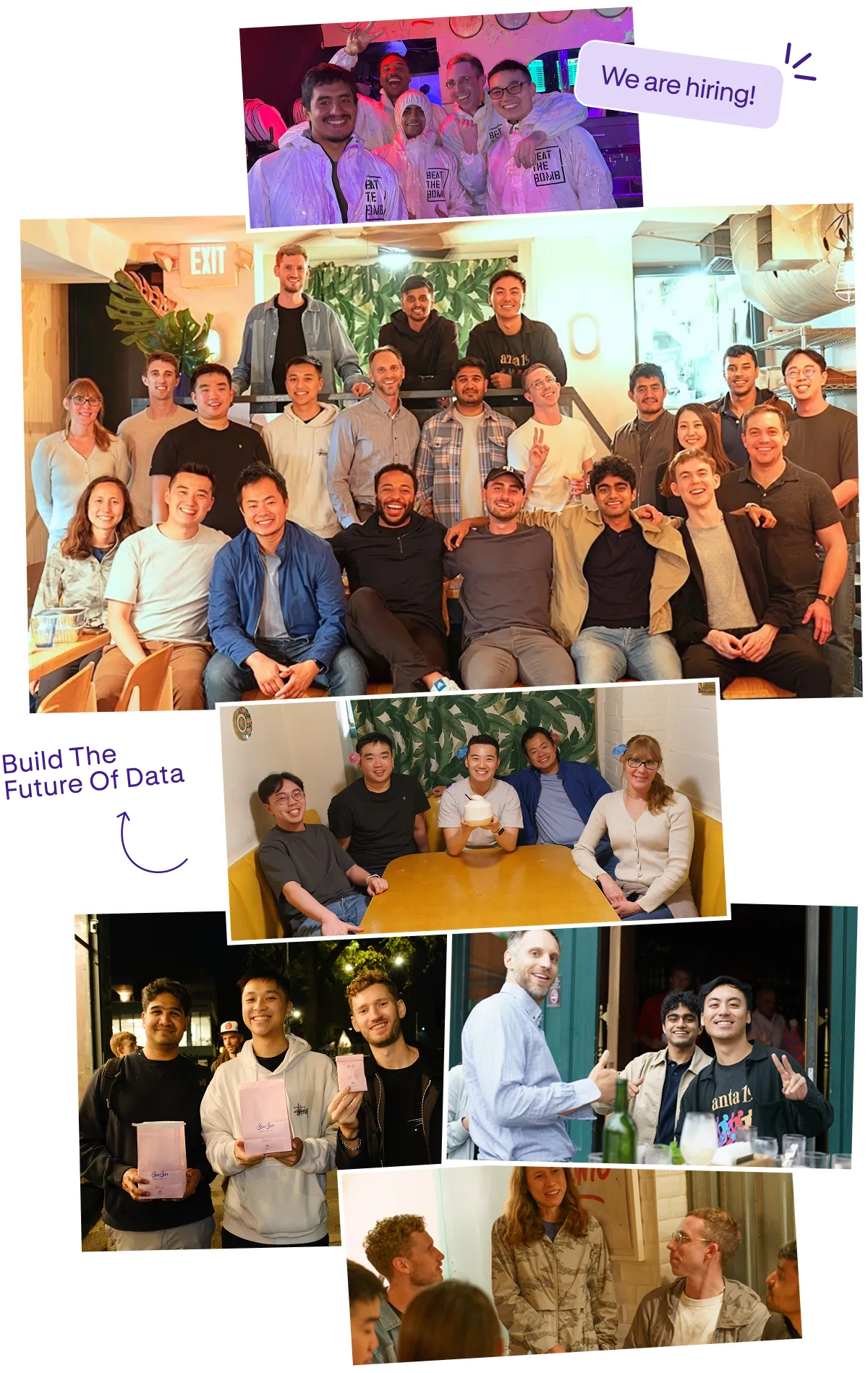 Collage of diverse happy team members socializing indoors and outdoors with a hiring announcement.