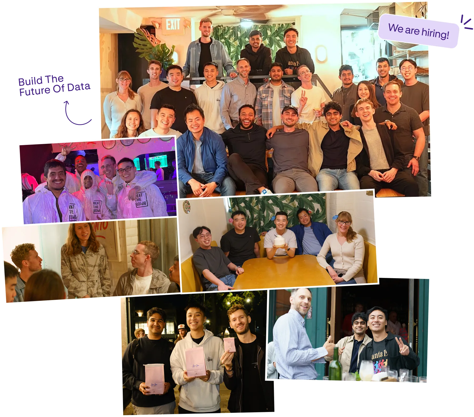 Collage of diverse teams socializing, posing for photos indoors and outdoors, some holding products.