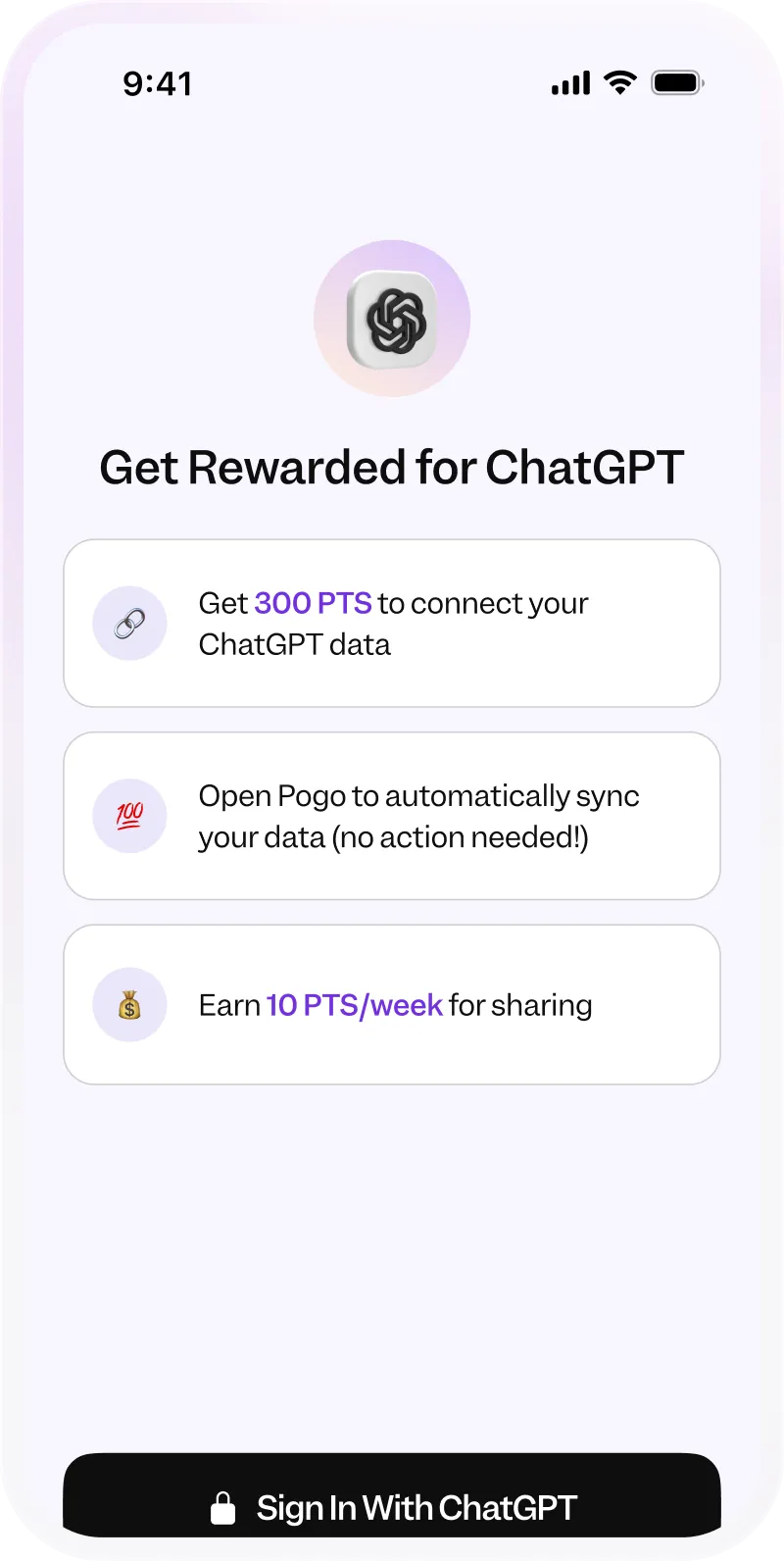 Mobile screen offering rewards for ChatGPT with points for connecting data, syncing, and sharing, plus a sign-in button.