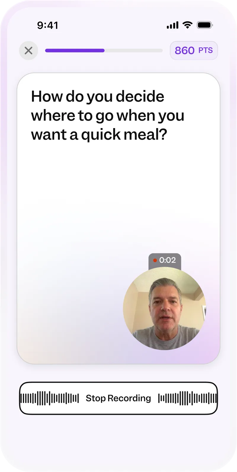 Phone screen showing a survey question and video recording of a man answering about choosing quick meals.