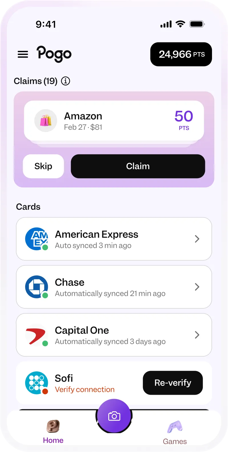 Mobile app screen showing 24,966 points, an Amazon claim for 50 points, and linked credit cards with sync status.