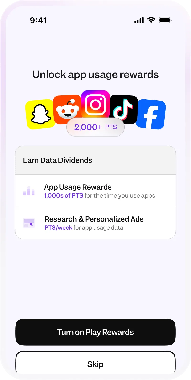 Phone screen shows app usage rewards offering 2,000+ points for using Snapchat, Reddit, Instagram, TikTok, Facebook.