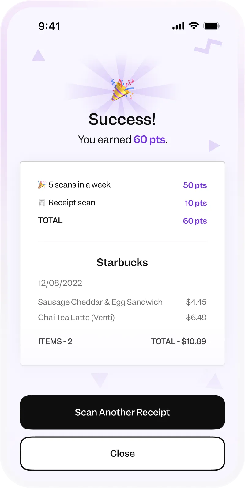 Success message showing 60 points earned from 5 scans and receipt scan at Starbucks totaling $10.89.