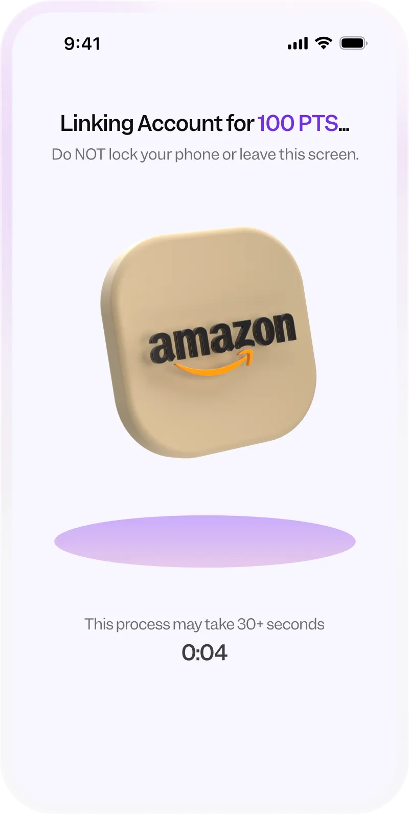 Screen showing Amazon account linking for 100 points with a timer and warning not to lock phone.