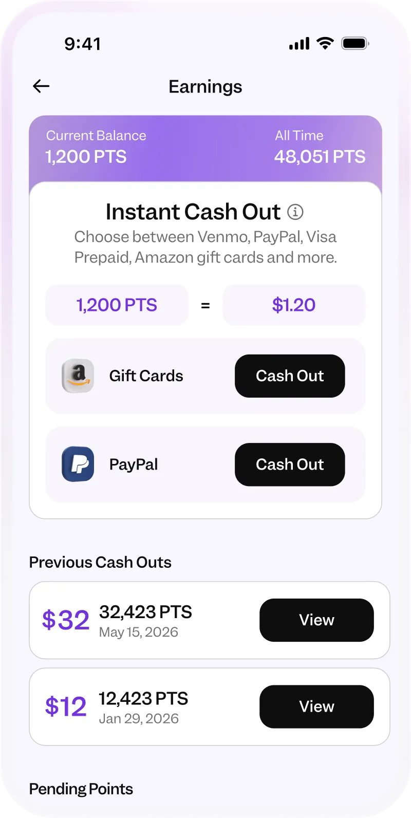 App screen showing earnings balance, instant cash out options for gift cards and PayPal, plus previous cash outs.
