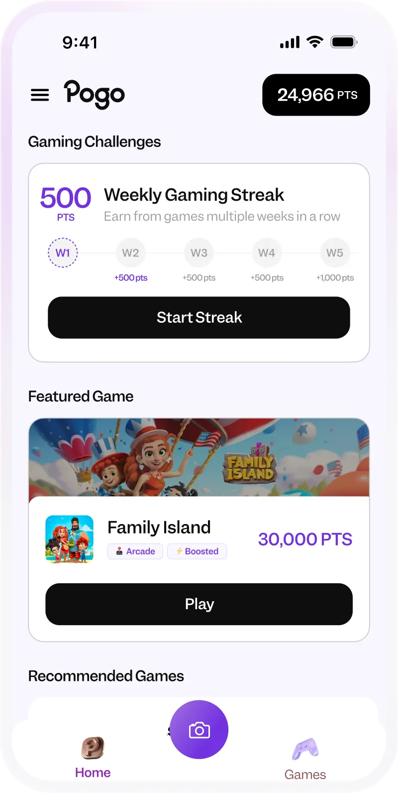 Mobile app screen showing gaming challenges, featured game Family Island, and recommended game Coin Master.
