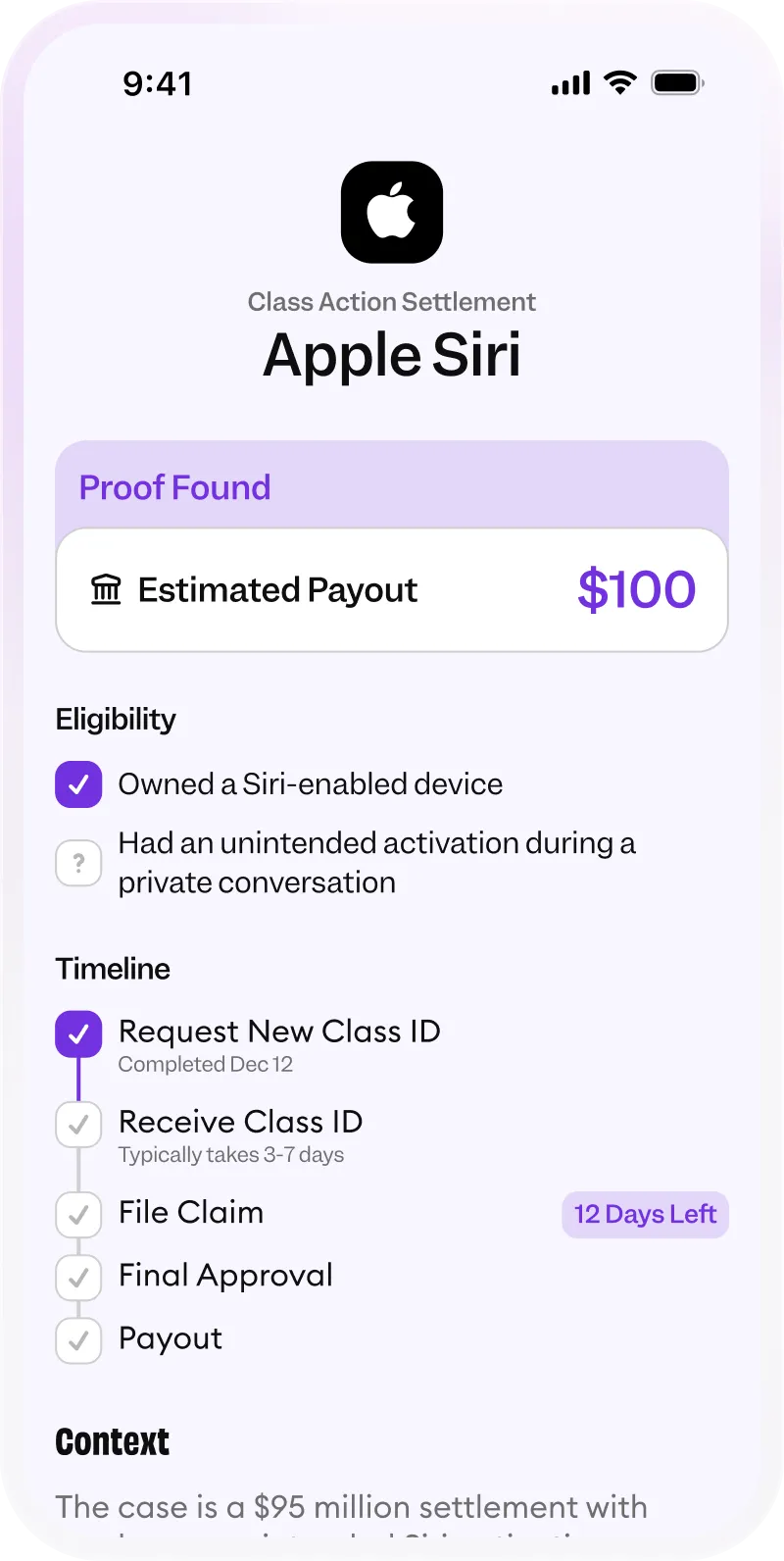 Apple Siri class action settlement screen showing $100 payout eligibility and claim timeline with context details.