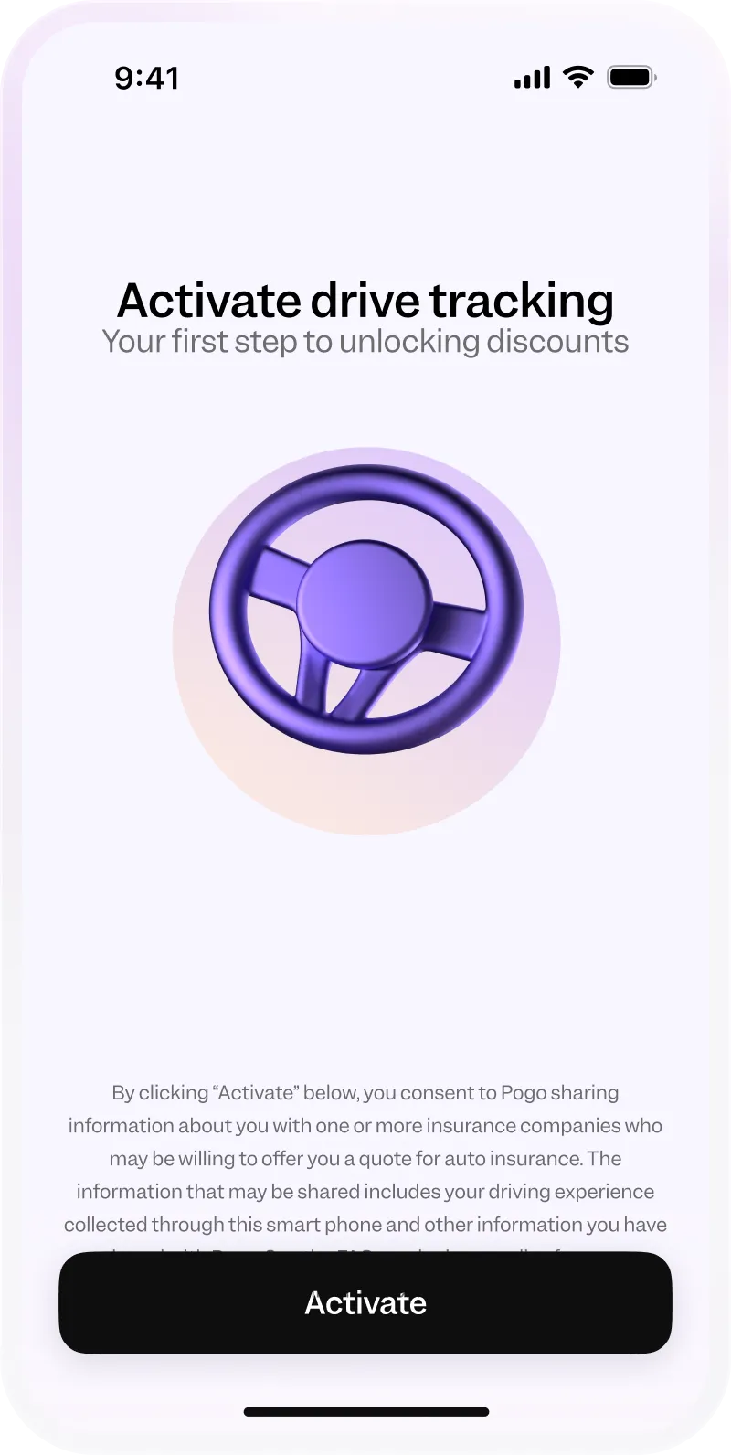 Mobile screen to activate drive tracking with a purple steering wheel icon and an Activate button.