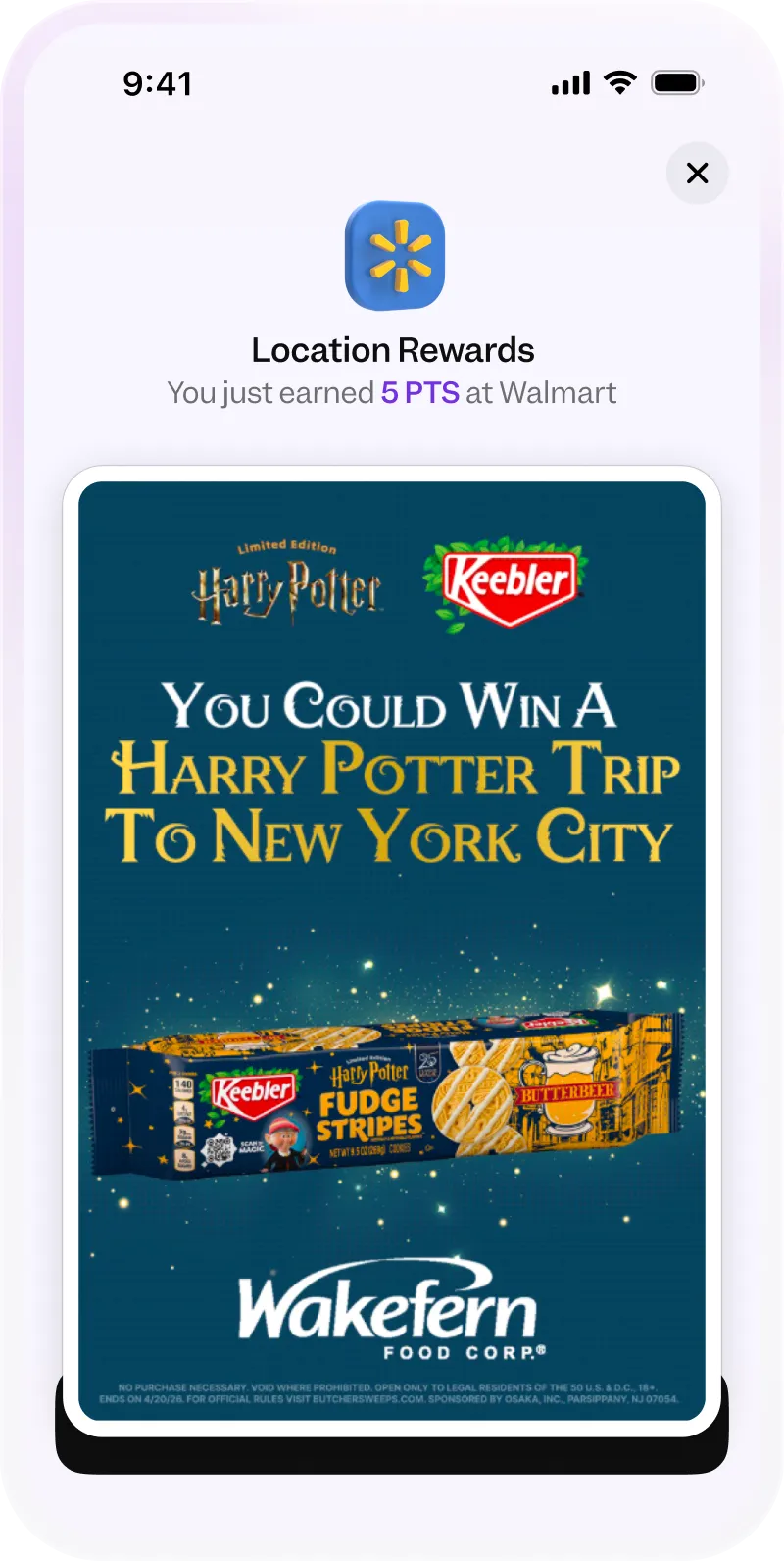 Promotion for Keebler Harry Potter Fudge Stripes cookies with a chance to win a trip to New York City.