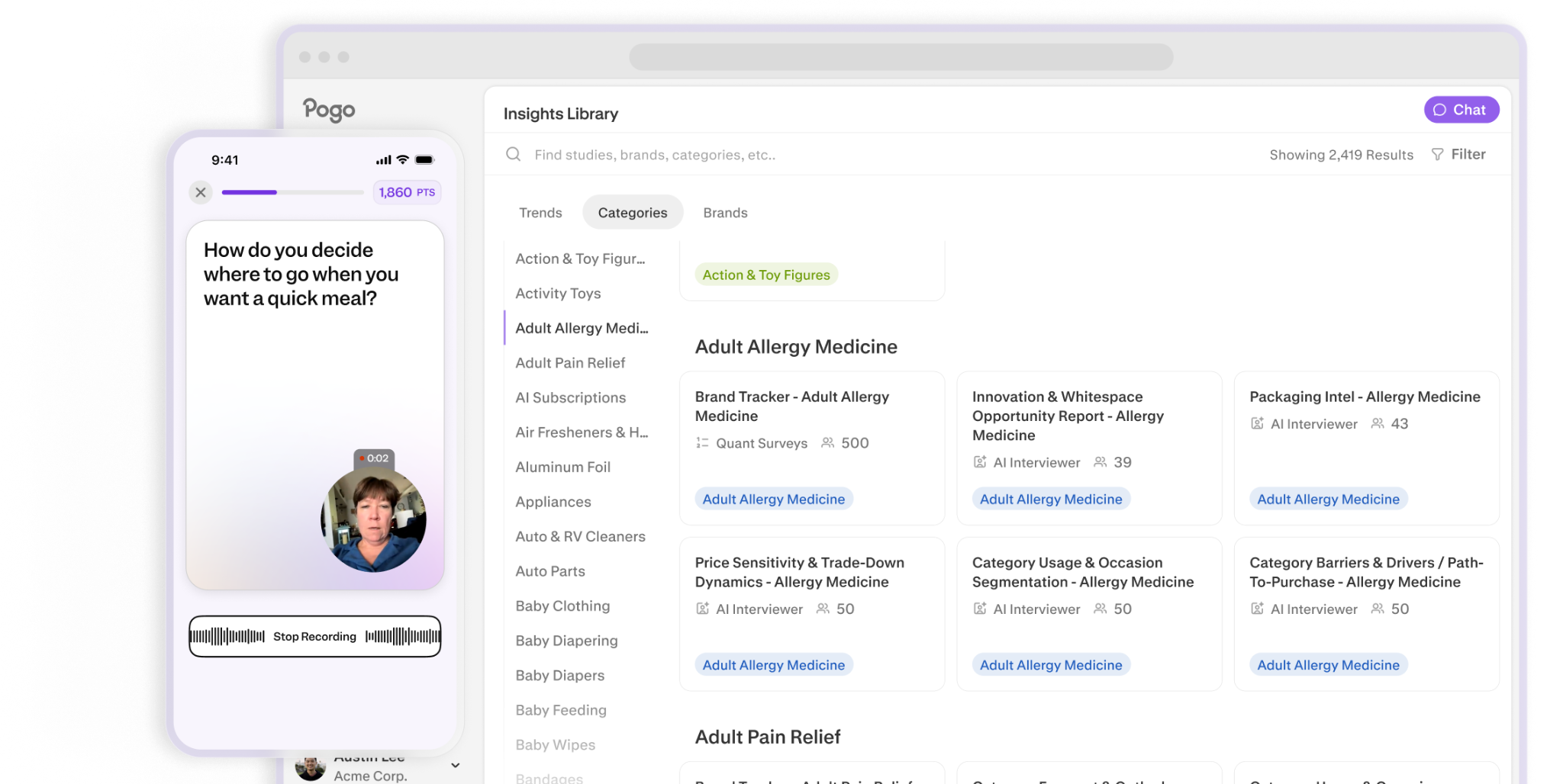 Pogo research platform alongside a consumer video interview.