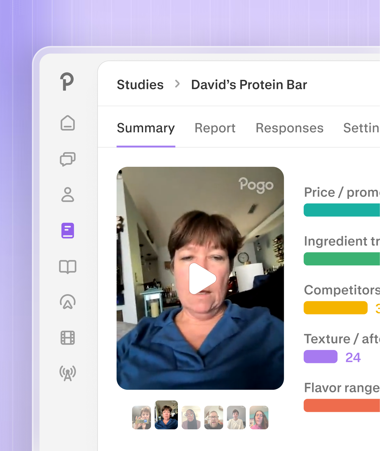 Pogo study summary for David’s Protein Bar, showing shopper video interviews and response themes.