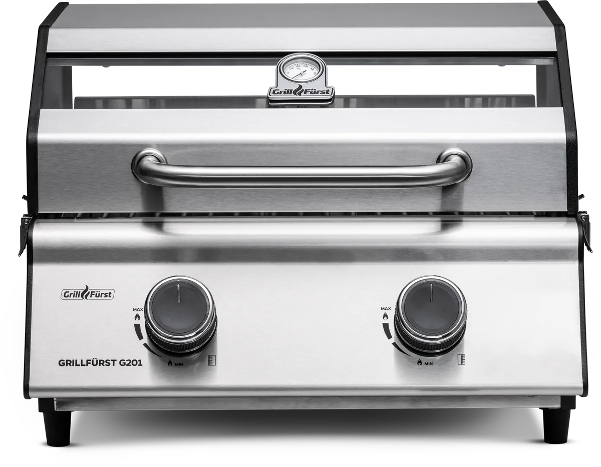 Edelstahl-Gasgrill Grillfürst G201 mit zwei Drehreglern und Thermometer auf dem Deckel.