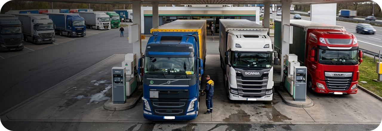 Trucks refueling at a fleet fuel station