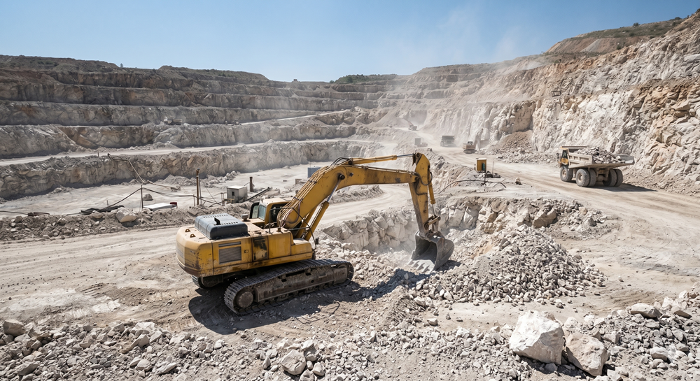 Excavator working in a limestone quarry