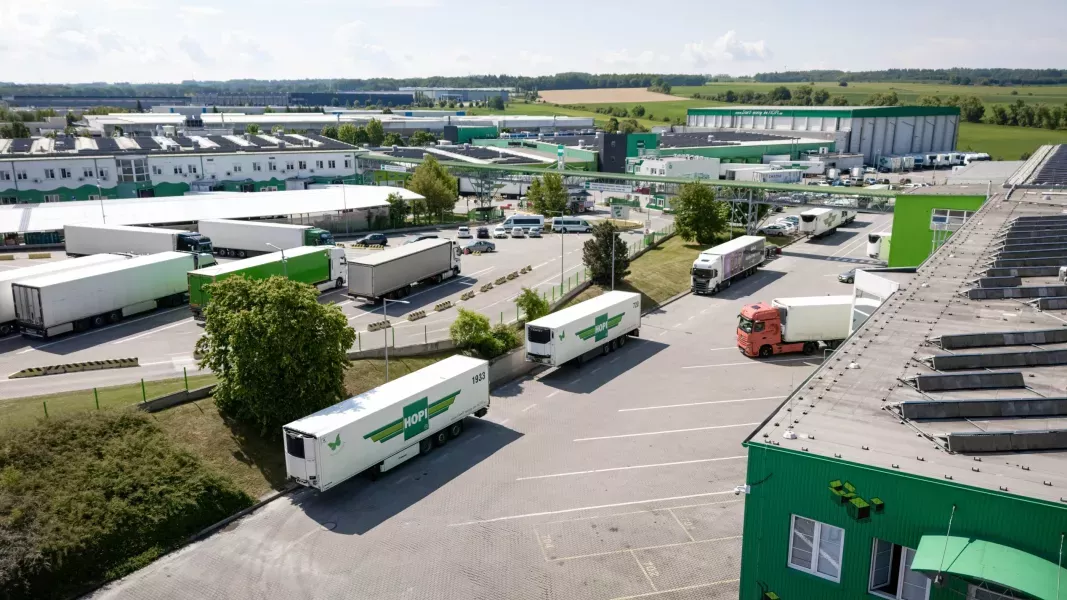 HOPI logistics center with trucks, aerial view