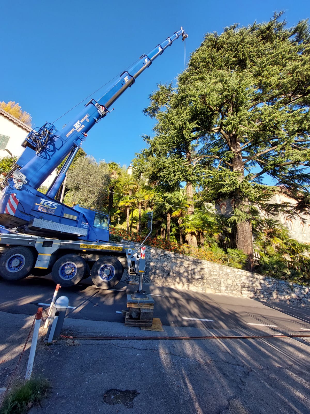 Blue crane truck parked on road near stone wall and large tree with clear blue sky.