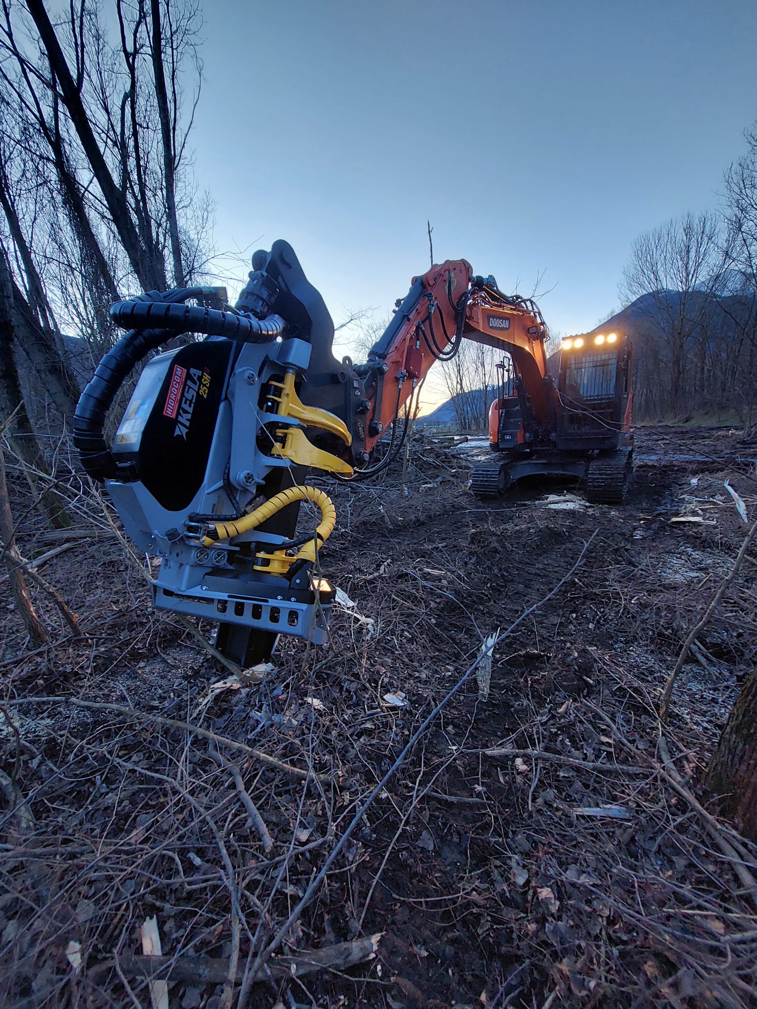 Orange excavator with a hydraulic mulcher attachment clearing brush and branches at dusk.
