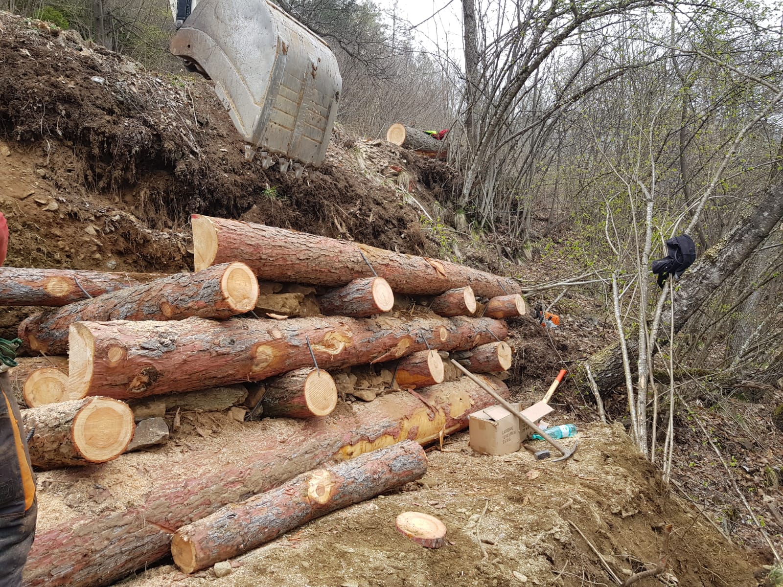 Stacked logs supported by cables with excavation equipment and tools nearby in a forested hillside.