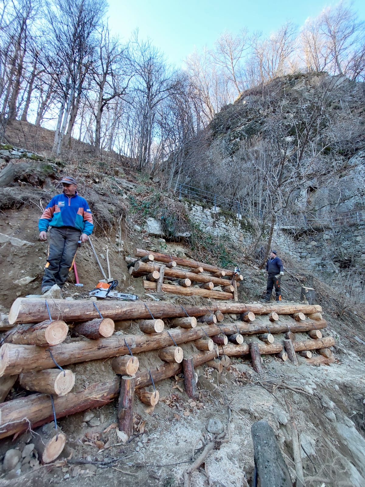 Two men building a wooden log retaining wall on a forested hillside in late autumn.