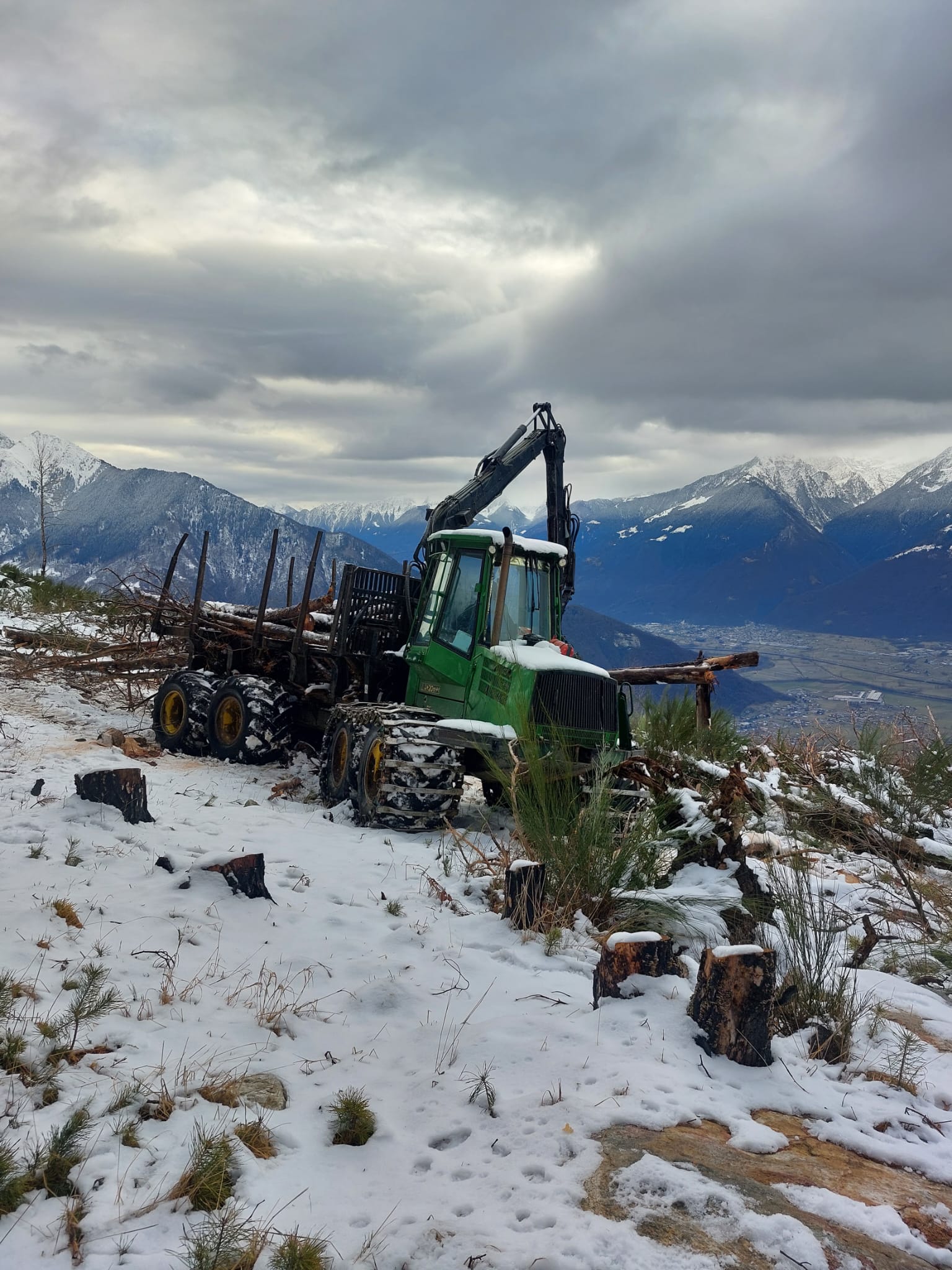 Green logging machine with large tires carrying cut logs in a snowy mountain landscape under cloudy sky.