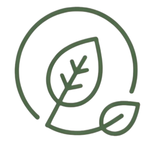 Green line art of two leaves inside a partial circle symbolizing nature or eco-friendliness.