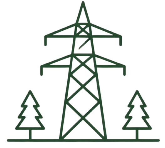 Outline of an electricity transmission tower with two pine trees on either side.