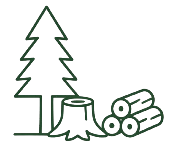 Outline of a tree, tree stump, and three stacked logs.