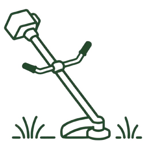 Line art of a string trimmer with dual handles cutting grass blades.