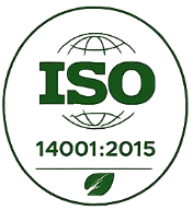 ISO 14001 certified environmental management system emblem with leaf symbol.