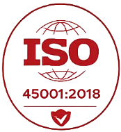 Red ISO 45001:2018 certification logo with circular design and shield icon below.