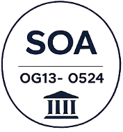 Logo with SOA letters and a graphic of a building with columns inside a round border.