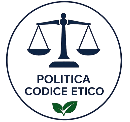 Circle with scales of justice icon, text 'POLITICA CODICE ETICO', and a green leaf at bottom.