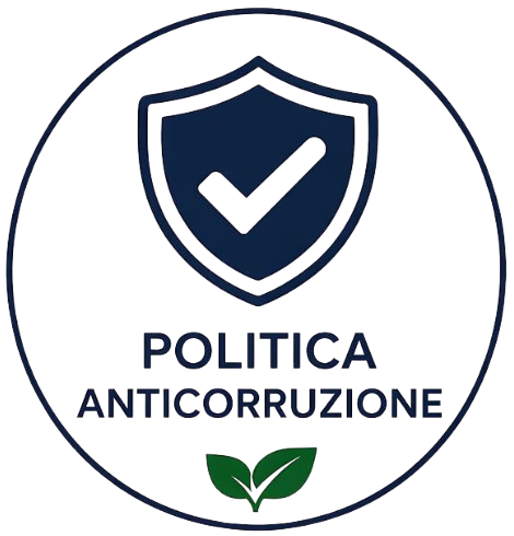 Shield with checkmark above text 'Politica Anticorruzione' and green leaves below in a circle.