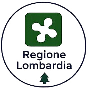 Green stylized cross emblem with text Regione Lombardia below and a small tree icon beneath