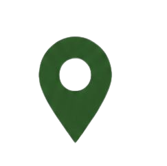Green map pin location icon with a hole in the center on a white background.