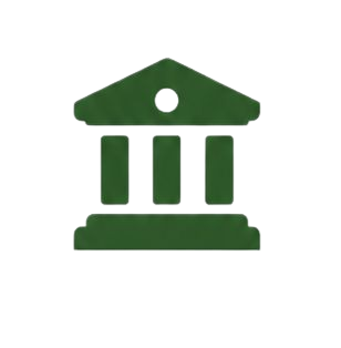 Green icon of a classical bank or courthouse building with three columns and triangular roof.