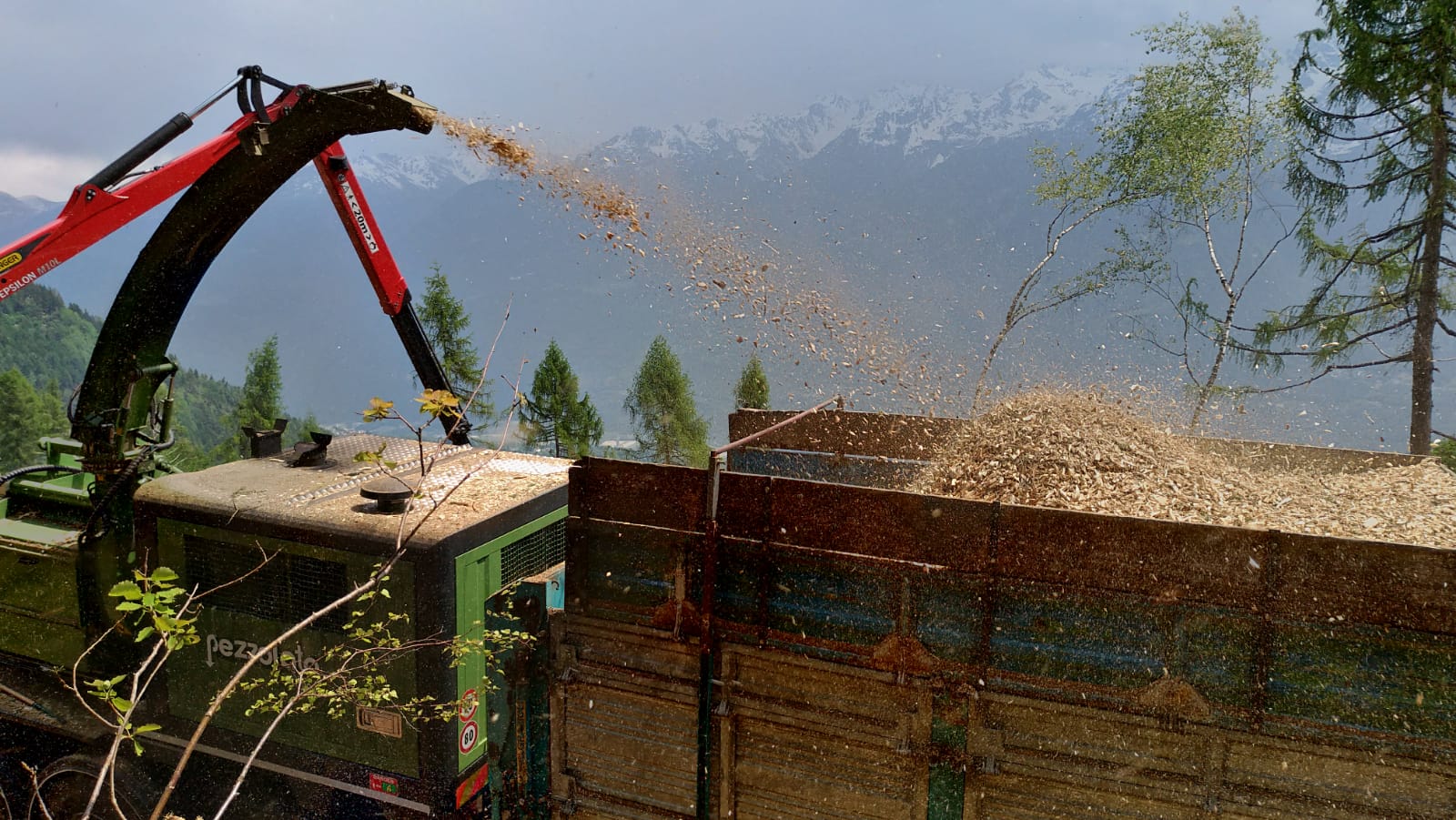 Wood chipper machine ejecting wood chips into a large truck with mountains and trees in the background.
