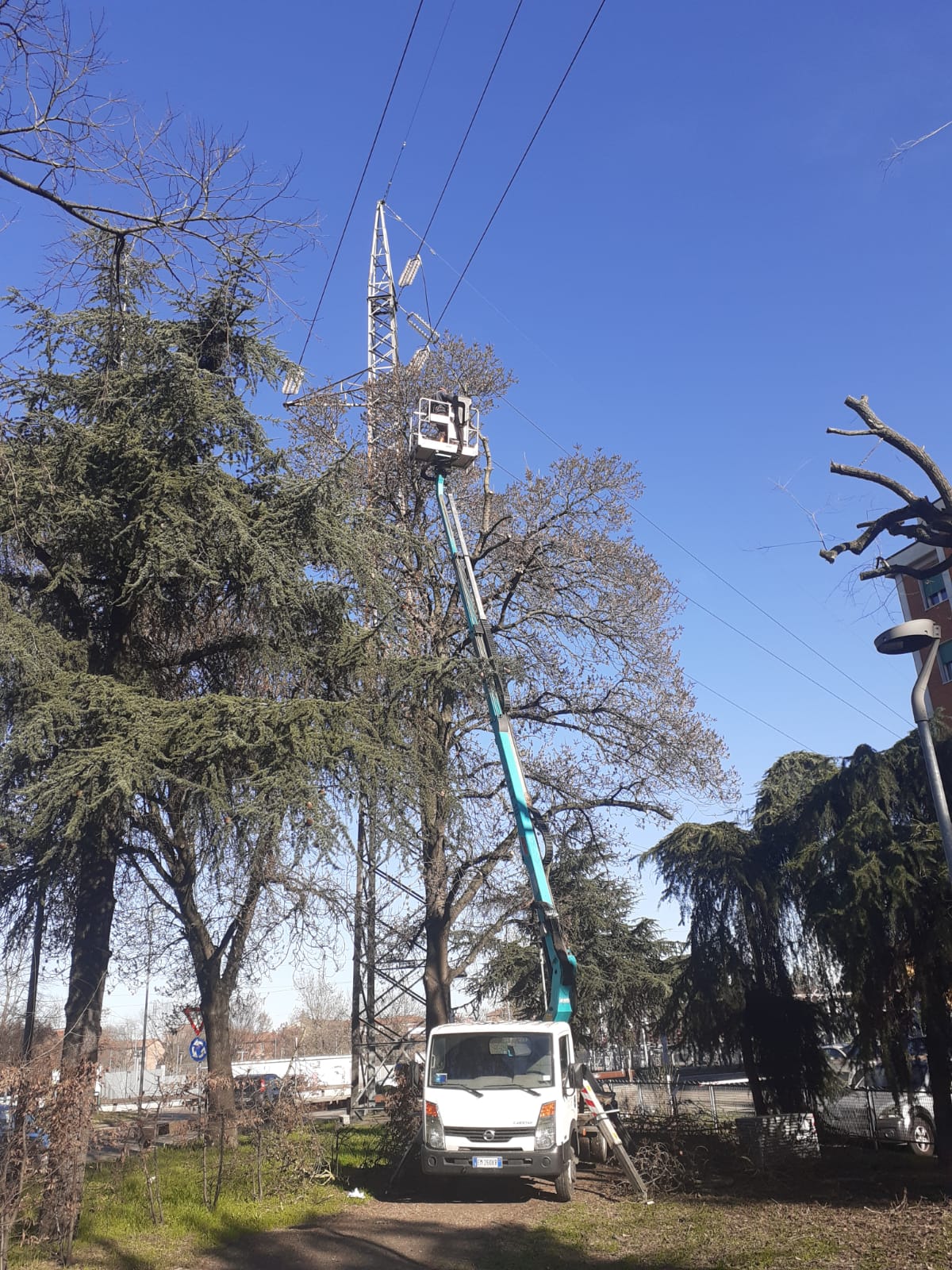 Truck with extended lift platform reaching a power line tower surrounded by trees under a clear blue sky.
