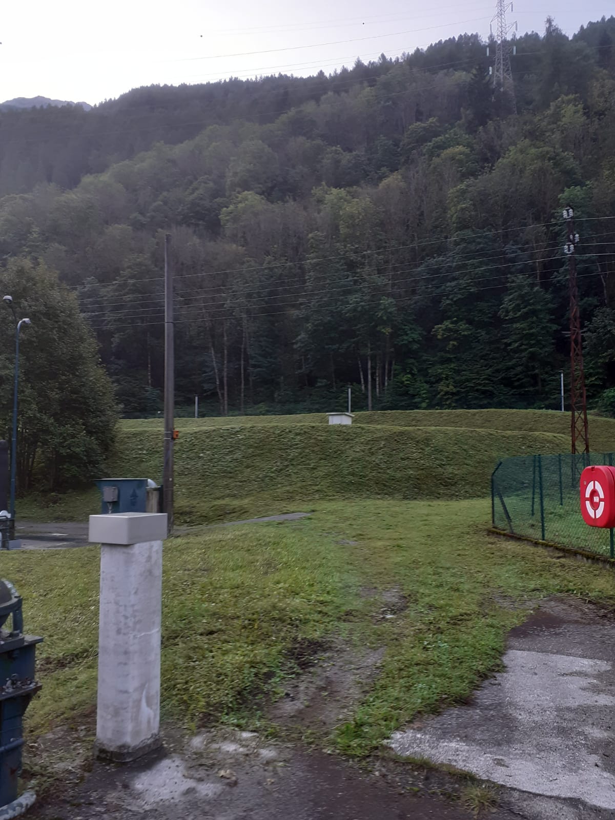 Grassy area with small paved path surrounded by dense trees and power lines in a hilly landscape.